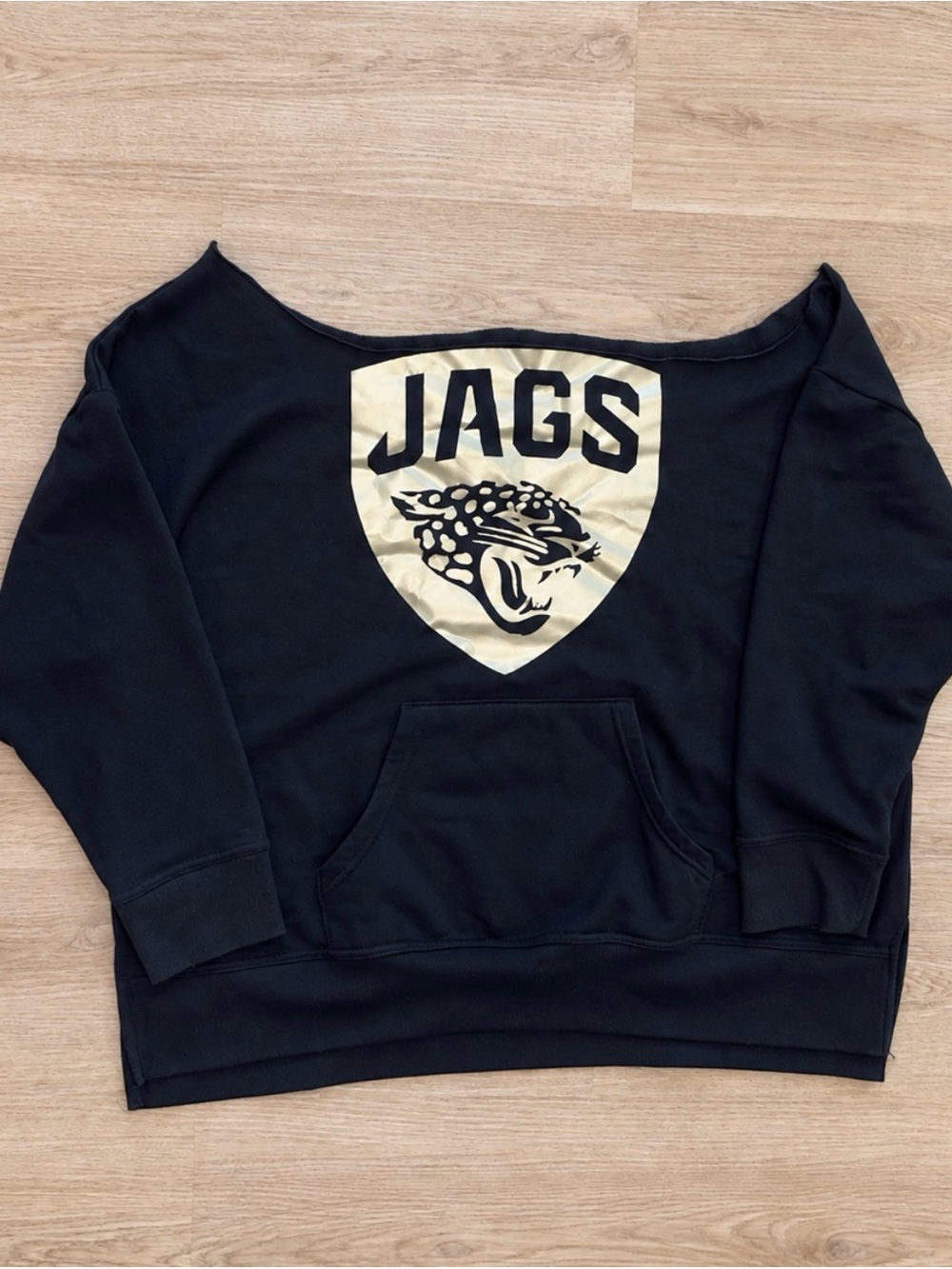 Source Unknown Black Off-the-Shoulder Sweatshirt with Gold JAGS Shield
